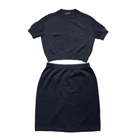 St John Basics Black Santana Knit Crew Neck Top Knee Length Pencil Skirt Set 12 - Picture 1 of 16